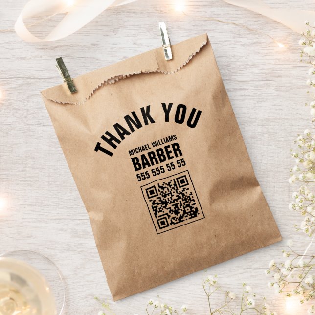 Barber Black Bold Typography QR code Favor Bag (Clipped)
