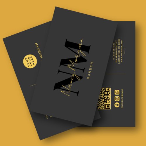 Barber Black Gold Monogram QR Code Logo Business Card