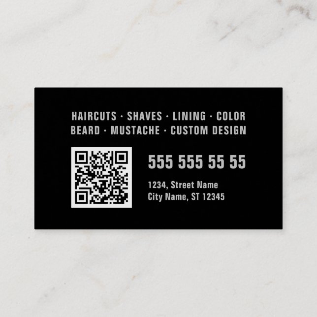 Barber Black Gray Bold Typography QR Code Business Card (Back)