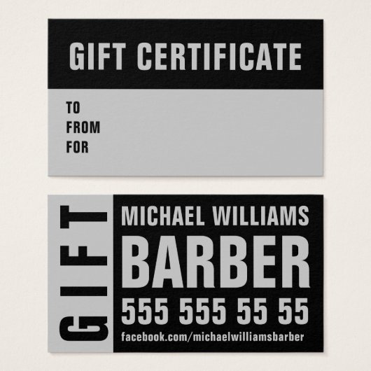 Barber Black Gray Typography Gift Sertificate Card (Front & Back)