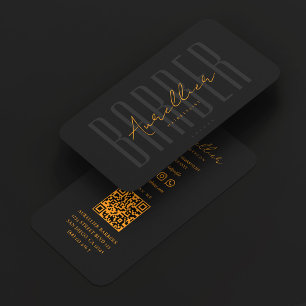 Barber Black Orange Script Barbershop Business Card