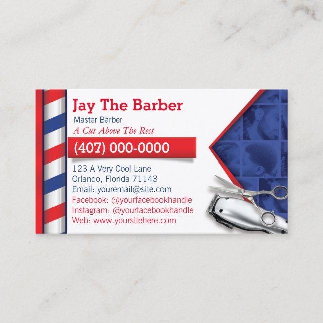 Barber Business Card (barbershop pole - clippers) (Front)