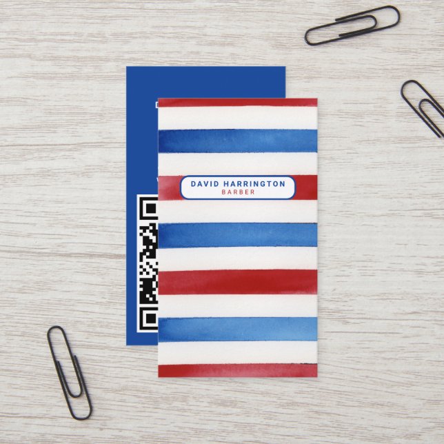Barber Custom QR Code Scannable Patriotic Colors Business Card (Front/Back In Situ)