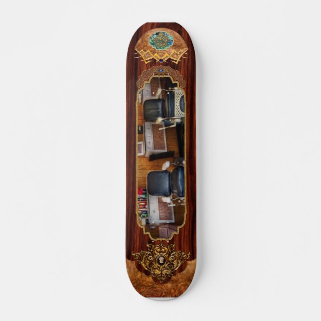 Barber - Frenchtown, NJ - Two old barber chairs  Skateboard Deck (Front)