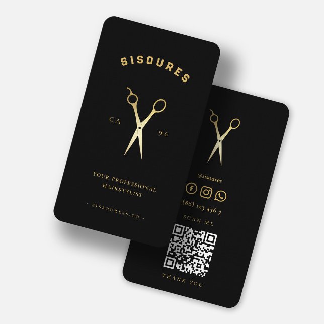 Barber Gold Scissors Hairstylist Barbershop Black Business Card (Creator Uploaded)