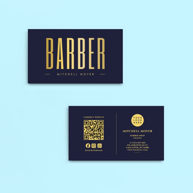 Barber Hair Salon QR Code & Logo Navy And Gold Business Card (Creator Uploaded)