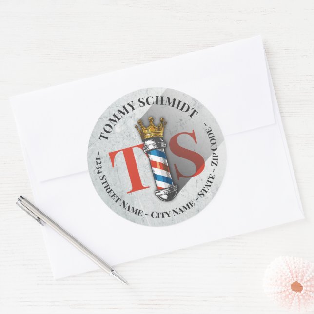Barber Hair Shop Crown Barber Pole Salon Address Classic Round Sticker (Envelope)