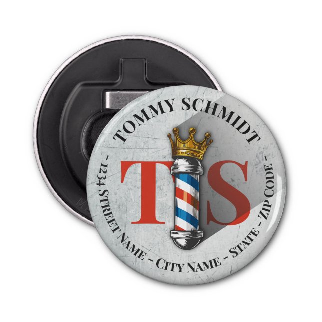 Barber Hair Shop King Crown Barber Pole Hair Salon Bottle Opener (Front)