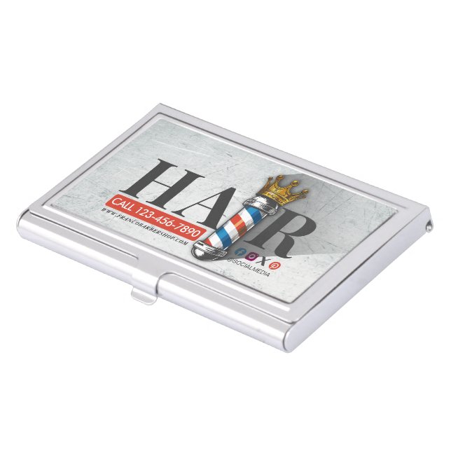 Barber Hair Shop King Crown Barber Pole Hair Salon Business Card Case (Front)