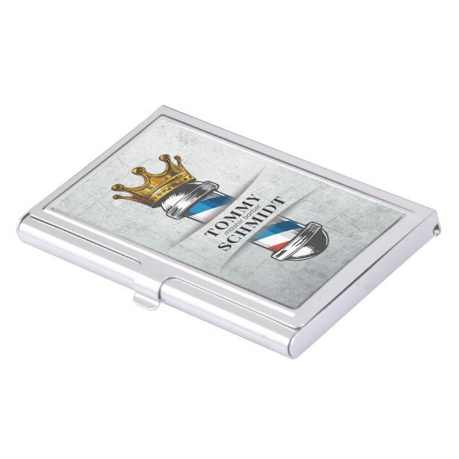 Barber Hair Shop King Crown Barber Pole Hair Salon Business Card Case (Front)