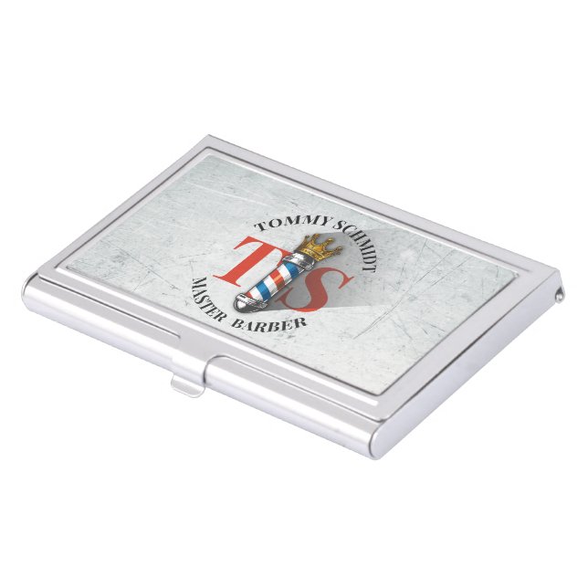 Barber Hair Shop King Crown Barber Pole Hair Salon Business Card Case (Front)