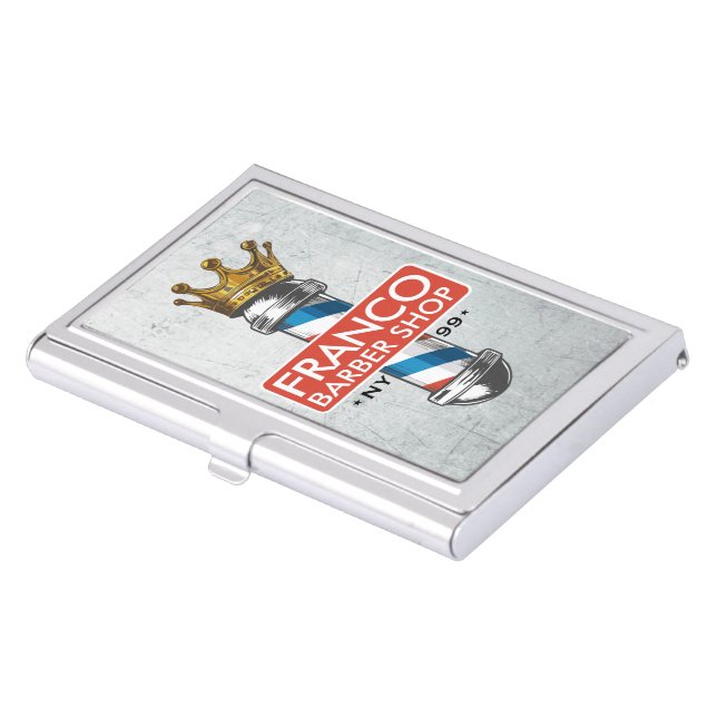 Barber Hair Shop King Crown Barber Pole Hair Salon Business Card Case (Front)