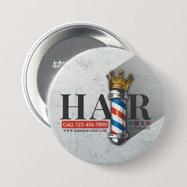 Barber Hair Shop King Crown Barber Pole Hair Salon Button (Front & Back)