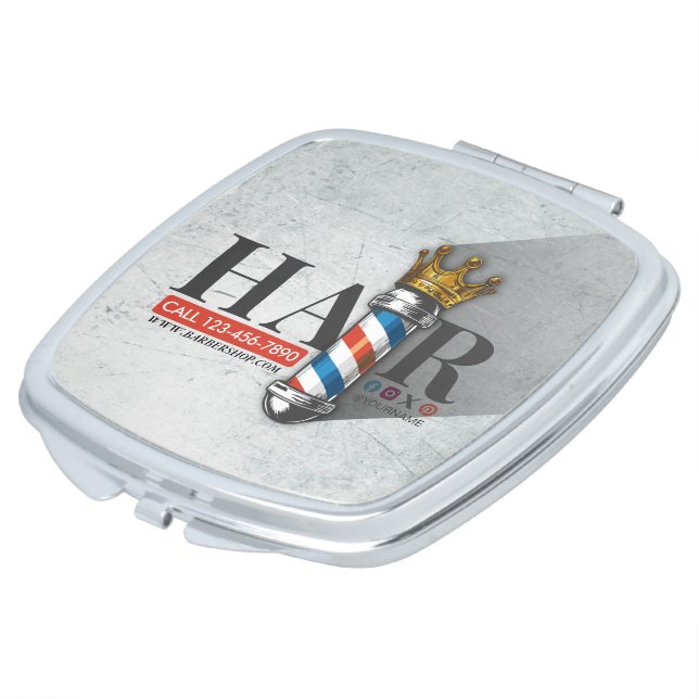 Barber Hair Shop King Crown Barber Pole Hair Salon Compact Mirror (Turned)