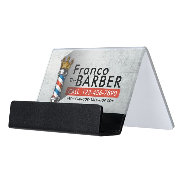 Barber Hair Shop King Crown Barber Pole Hair Salon Desk Business Card Holder (Angled Front)
