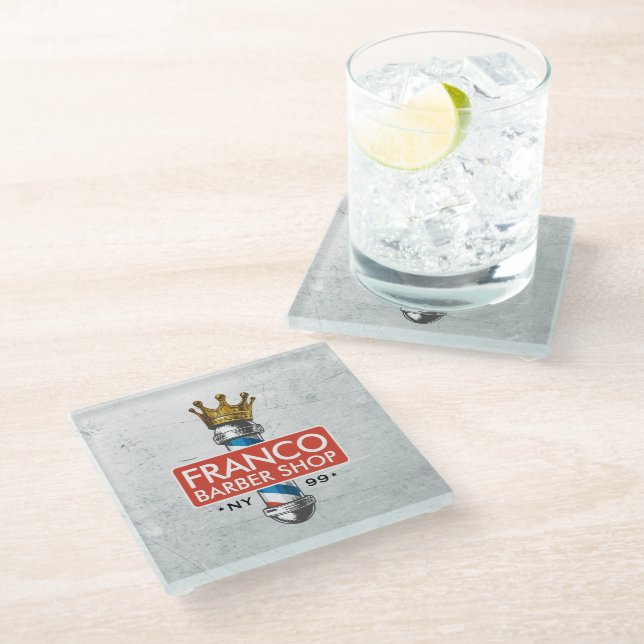 Barber Hair Shop King Crown Barber Pole Hair Salon Glass Coaster (Angled)