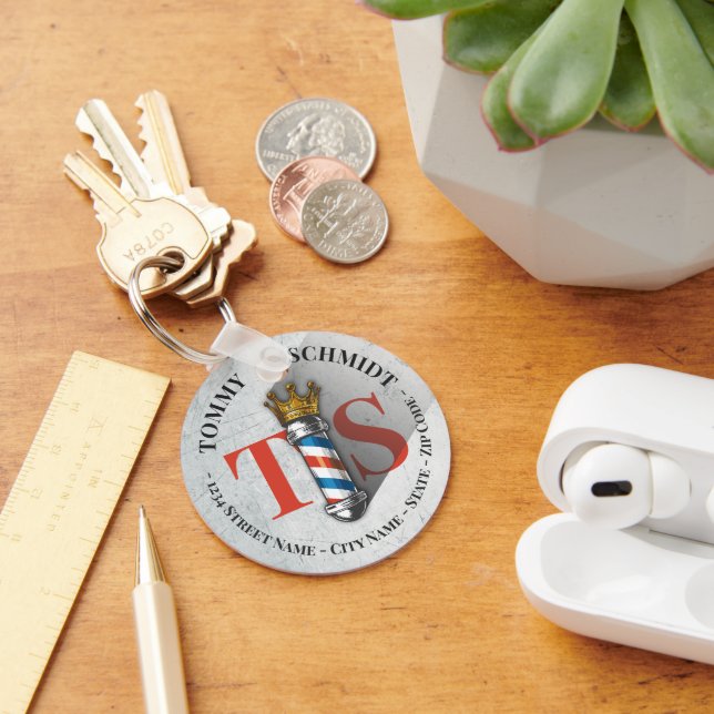 Barber Hair Shop King Crown Barber Pole Hair Salon Keychain (Desk)