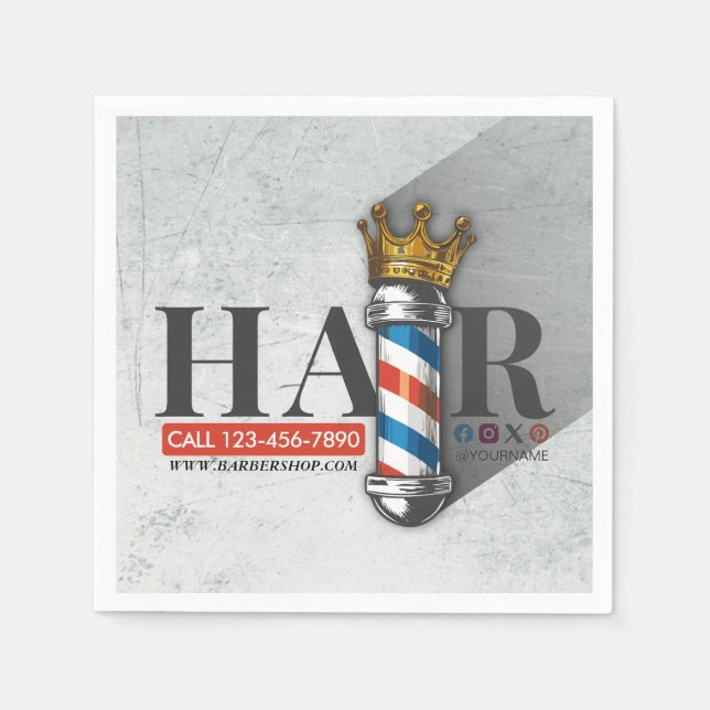 Barber Hair Shop King Crown Barber Pole Hair Salon Napkins (Front)