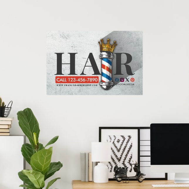 Barber Hair Shop King Crown Barber Pole Hair Salon Poster (Home Office)