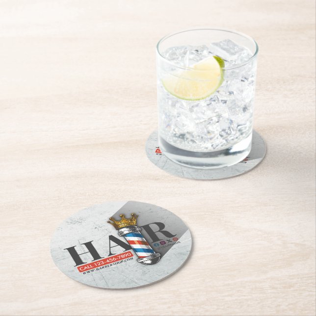 Barber Hair Shop King Crown Barber Pole Hair Salon Round Paper Coaster (Insitu)