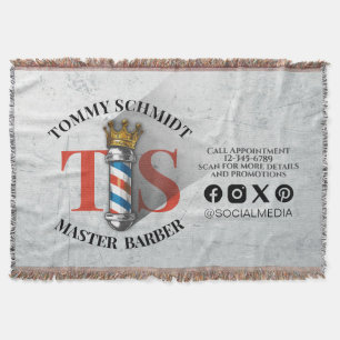 Barber Hair Shop King Crown Barber Pole Hair Salon Throw Blanket