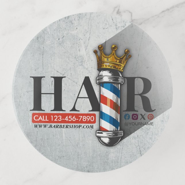 Barber Hair Shop King Crown Barber Pole Hair Salon Trinket Tray (Front)