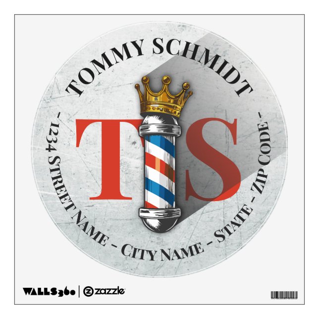 Barber Hair Shop King Crown Barber Pole Hair Salon Wall Decal (Front)