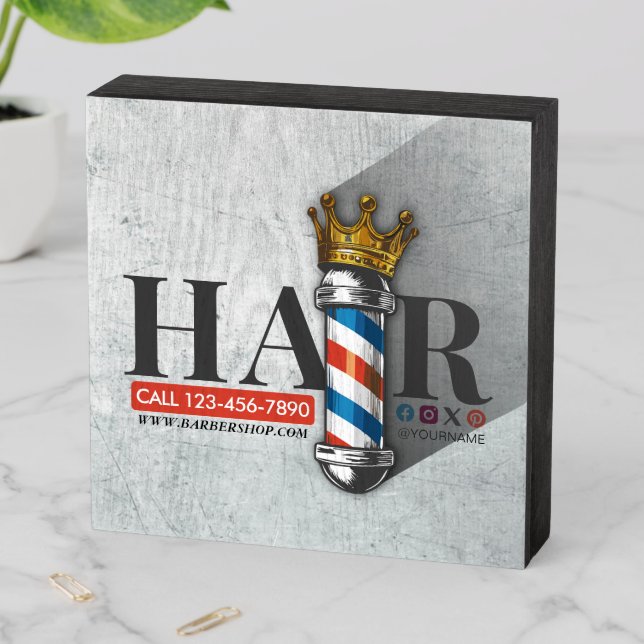 Barber Hair Shop King Crown Barber Pole Hair Salon Wooden Box Sign (In Situ Horizontal)
