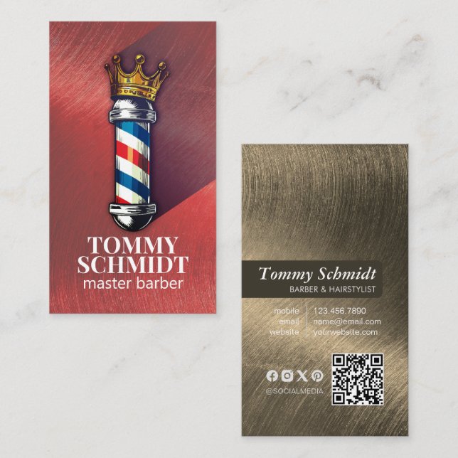 Barber Hair Shop Royal Crown Barber Pole QR Code Business Card (Front/Back)