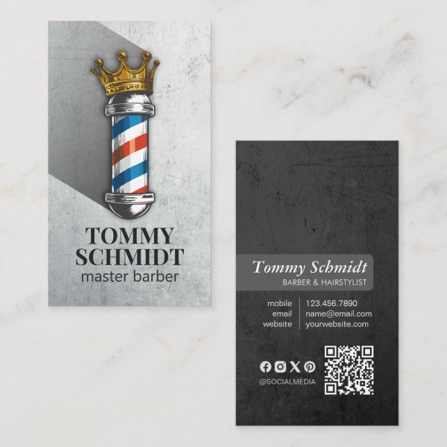 Barber Hair Shop Royal Crown Barber Pole QR Code Business Card (Front/Back)