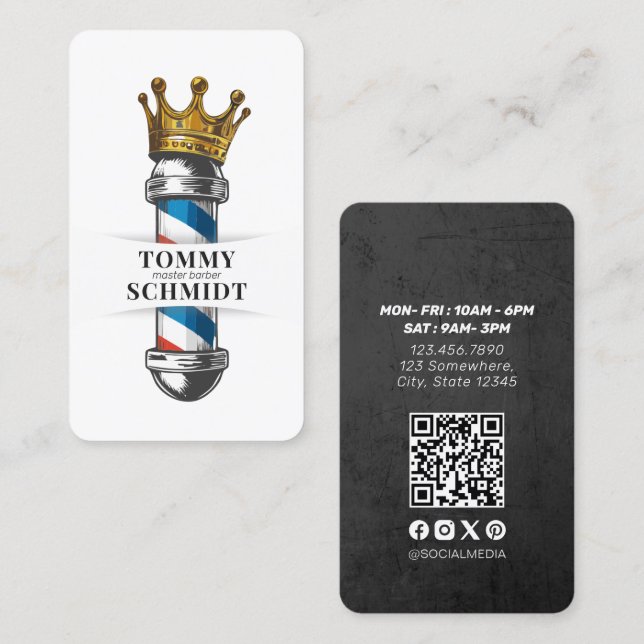 Barber Hair Shop Royal Crown Barber Pole QR Code Business Card (Front/Back)