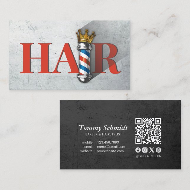 Barber Hair Shop Royal Crown Barber Pole QR Code Business Card (Front/Back)