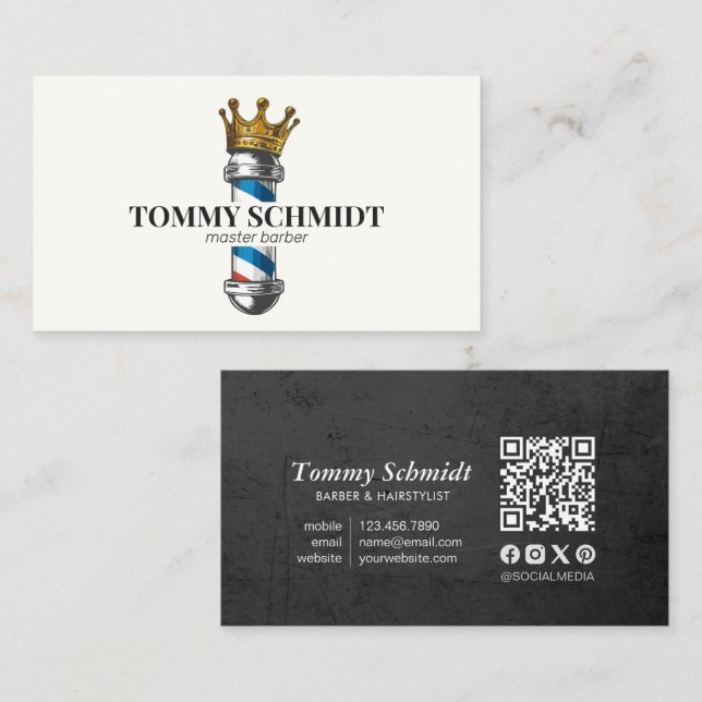 Barber Hair Shop Royal Crown Barber Pole QR Code Business Card (Front/Back)