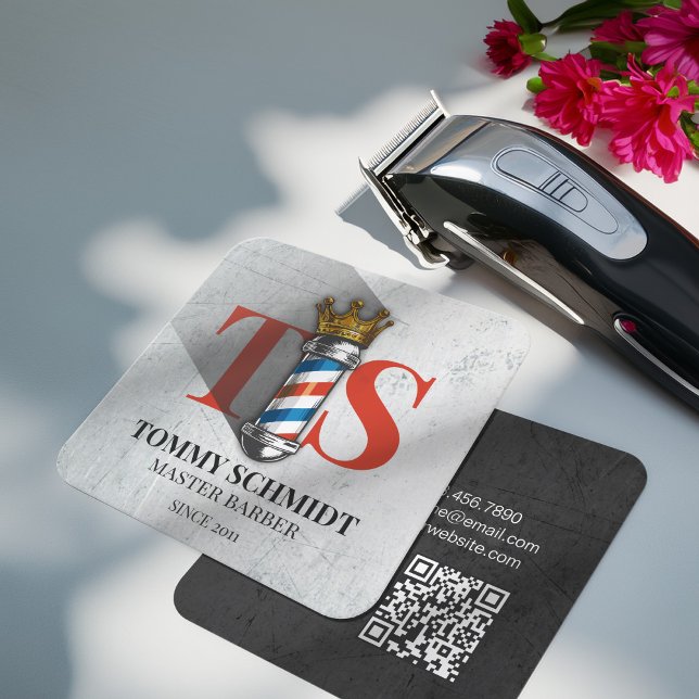 Barber Hair Shop Royal Crown Barber Pole QR Code Square Business Card (Creator Uploaded)