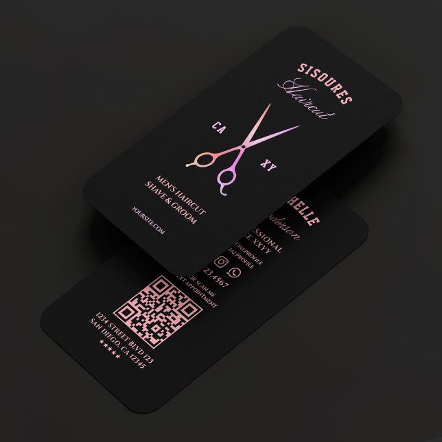 Barber Hair Stylist Black Pink Purple Scissors  Business Card (Barber Hair Stylist Black Pink Purple Scissors Business Card
)