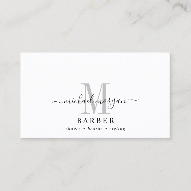 Barber Hair Stylist Modern Script Monogram Business Card (Front)