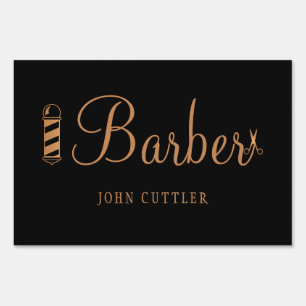 Barber hairstylist name black gold barber salon sign