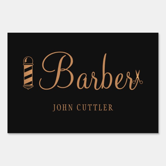 Barber hairstylist name black gold barber salon sign (Front)