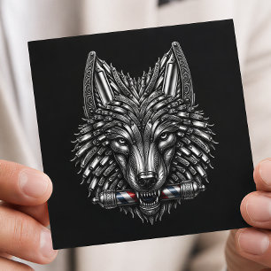 Barber Logo Silver Metal Razor Wolf Barber Shop Square Business Card