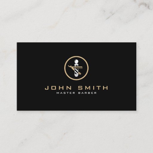 Customizable Barber Logo with Straight Razor &amp; Barber Pole Business Card