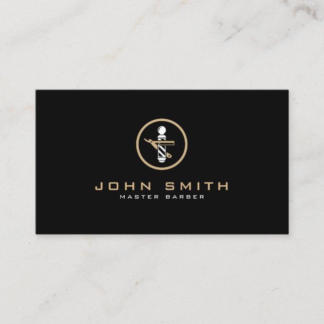 Barber Logo with Straight Razor & Barber Pole Business Card (Front)