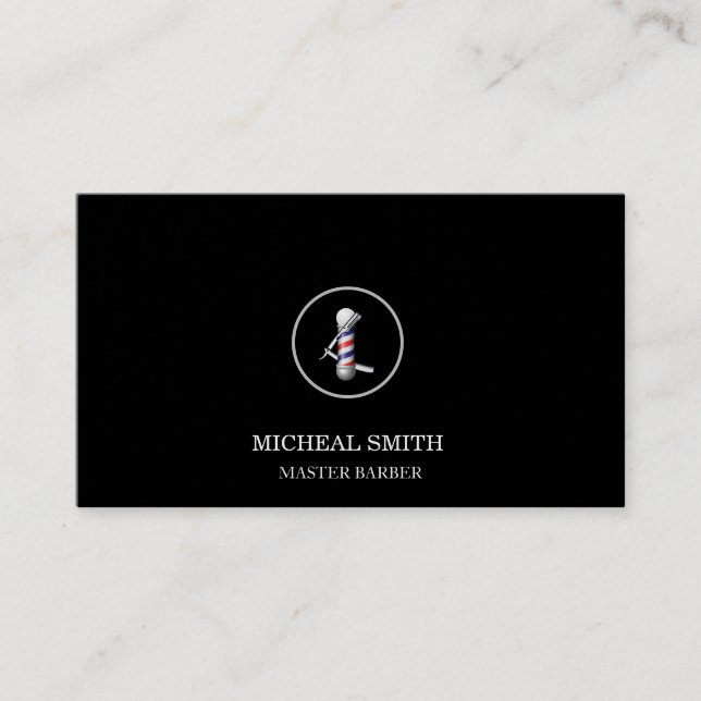 Barber Logo with Straight Razor & Barber Pole  Business Card (Front)