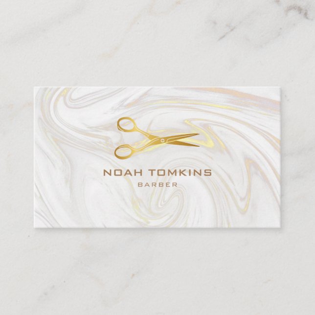Barber Marble Swirls Gold Scissors Business Card (Front)