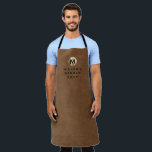 Barber Name Brown Suede Gold Monogram Apron<br><div class="desc">Professional apron features a modern design with brushed metallic gold monogram emblem on brown suede leather look textured background. </div>