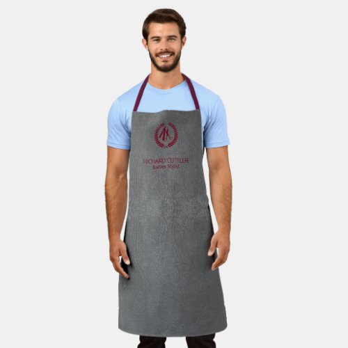 Barber name burgundy logo barber shop grey leather apron