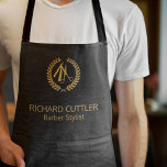 Barber name gold logo barber shop black leather apron<br><div class="desc">Personalized barbershop apron with faux gold scissors and laurel wreath logo (you can replace it with your own!) and with the barber's name and title over a black leather look background.           Perfect for a professional look.</div>