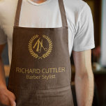 Barber name gold logo barber shop brown leather apron<br><div class="desc">Personalized barbershop apron with faux gold scissors and laurel wreath logo (you can replace it with your own!) and with the barber's name and title over a dark brown leather look background.           Perfect for a professional look.</div>