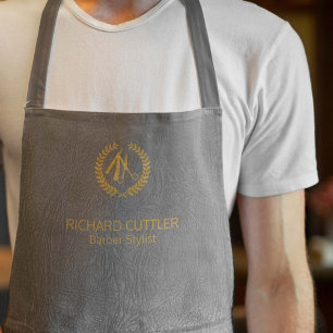 Barber name gold logo barber shop grey leather apron