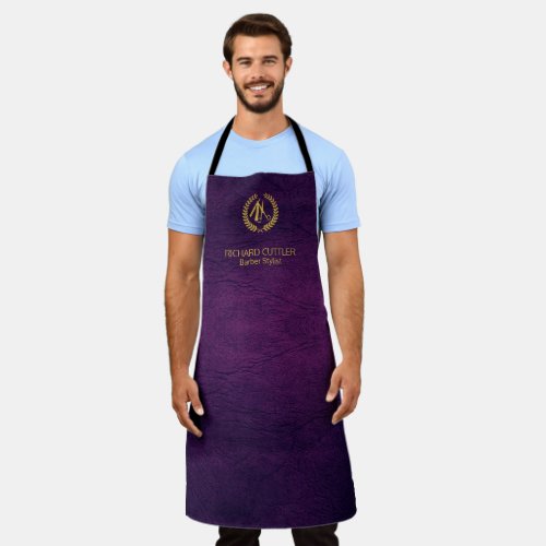 Barber name gold logo barber shop purple leather apron