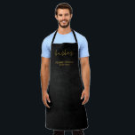 Barber name gold script barber shop black leather apron<br><div class="desc">Personalized barbershop apron with faux gold barber hand lettered typography script and with the barber's name and title over a black leather look background.           Perfect for a professional look.</div>